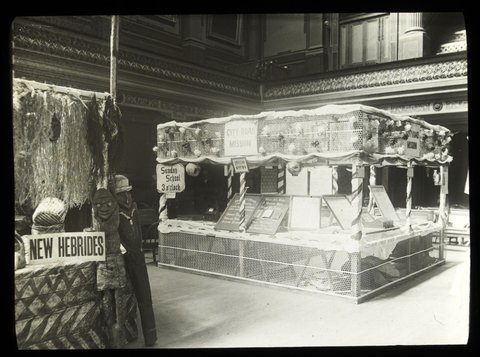 City Road Mission stall and New Hebrides pavilion at the Bazaar, Melbourne Town Hall, 1915–24