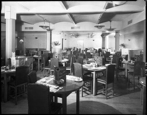 Tables set for dinner, Coq D'or Cafe, downstairs, 350 Little Collins St., Melbourne, 1946