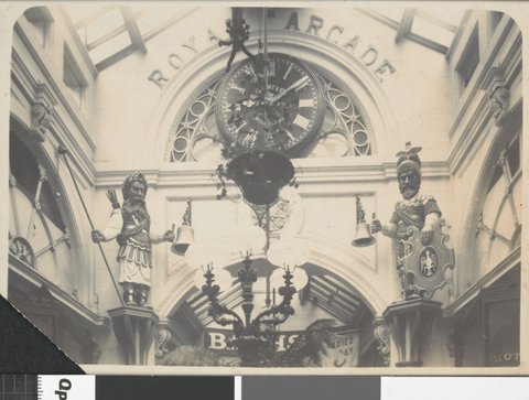 [View of the clock in the Royal Arcade, Melbourne], 1892–1945