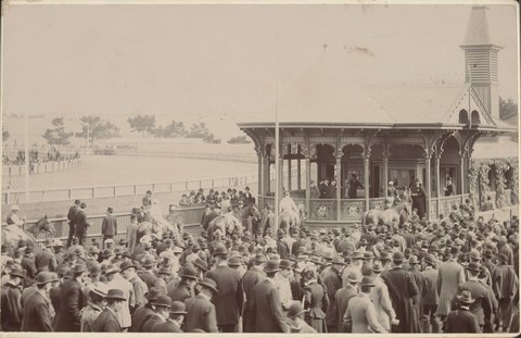 Flemington race-course, jockeys going into rooms after the race, c. 1890