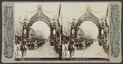 Duke of York Celebrations, Melbourne. The Australian Stockmen and the Duke's Arch, Bourke Street, 1901