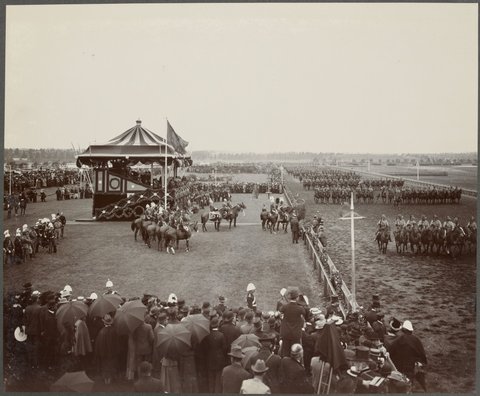 THE ROYAL REVIEW AT FLEMINGTON RACE-COURSE. Mounted Rifles marching past, 1901