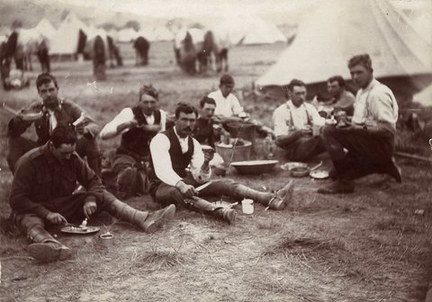 Soldiers having a meal and posed for a formal photograph Broadmeadows Army Camp, 1900–10