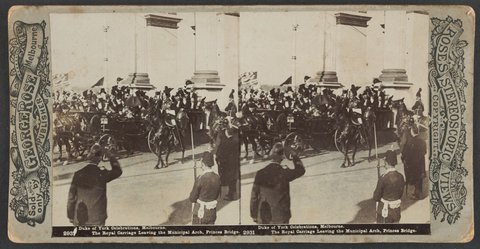 Duke of York Celebrations, Melbourne. The Royal Carriage Leaving the Municipal Arch, Princes Bridge, 1901