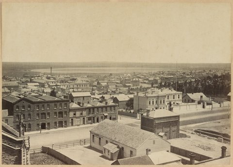 [Shows William Street looking north west from Lonsdale Street] : from the tower of Dr Fitzgerald's residence Lonsdale Street West, 1869