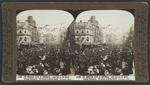 THE AMERICAN FLEET IN AUSTRALIA. Jack Tars on the March through Melbourne. The crowd in Collins Street, c. 1908