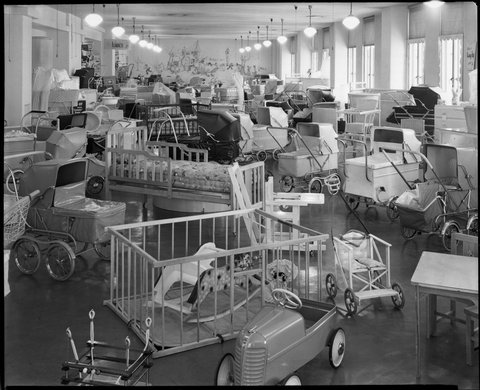 "Interior, showroom, London Baby Carriages shop, 2nd floor, Century Building, 125 Swanston Street, Melbourne", c. 1951