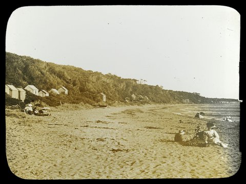 Bathing boxes and beach at Black Rock?, c. 1910