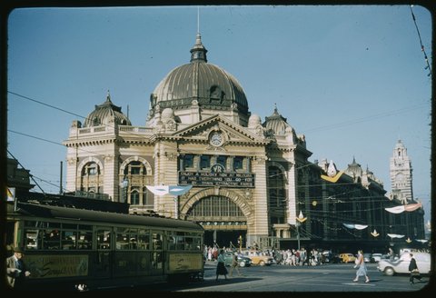 Along Swanston St. to Flinders St. Stn, 1954