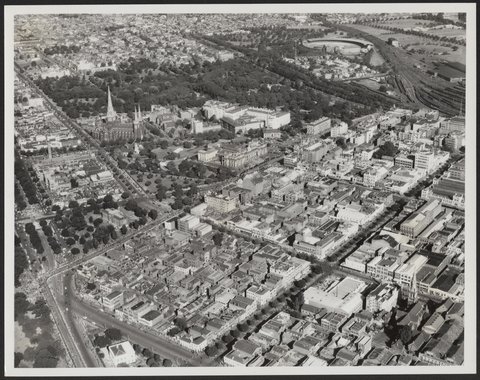 Aerial view of Melbourne looking south east Victoria, 1950