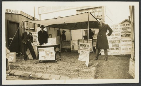 Makeshift stand in Collingwood for British Union for Abolition of Vivisection, 1922?