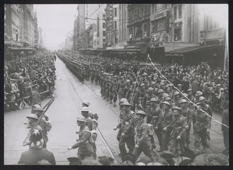 Men of the 17th Brigade ... given a tumultuous welcome ... when they marched through Melbourne, 1942
