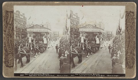 Duke of York Celebrations, Melbourne. Eight Hours' Procession, Bourke Street. 'Slaves no Longer.', 1901