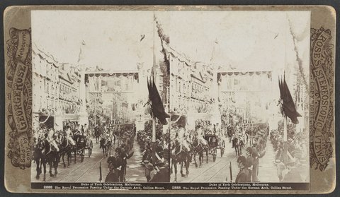 Duke of York Celebrations Melbourne. The Royal Procession Passing Under the German Arch Collins Street, 1901