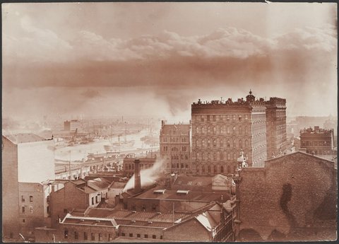 View towards the Yarra River over the south end of Queen Street, c. 1900
