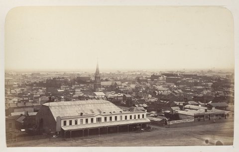 View of Spring Street & intersection with Little Bourke Street, 1862–79