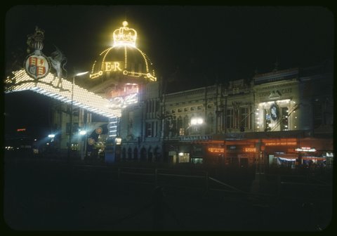 Along Swanston St. to Flinders St. Stn, 1954