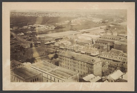Looking South over St. Pauls Church and the old Fish Market building towards South Melbourne, 1875