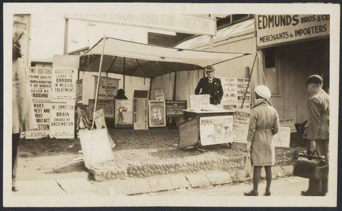 Makeshift stand in Collingwood for British Union for Abolition of Vivisection, 1922?