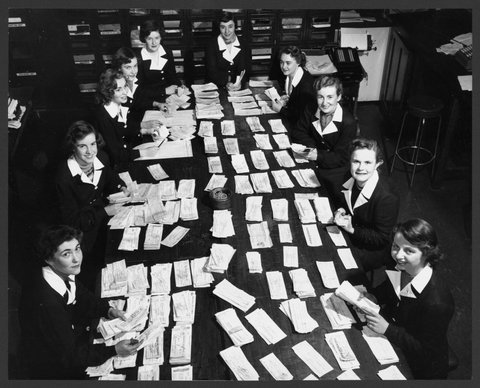 "Female bank clerks at work, State Head office, National Bank of Australia, 279 Collins Street, Melbourne", 1953