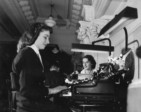 Female bank clerks at work, State Head office, National Bank of Australia, 279 Collins Street, Melbourne, 1953
