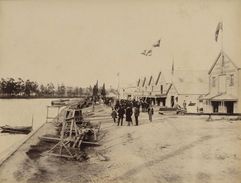 Boat builders' sheds on the Yarra River, below Princes Bridge, including James Edwards & Sons Boat Builders, 1888?