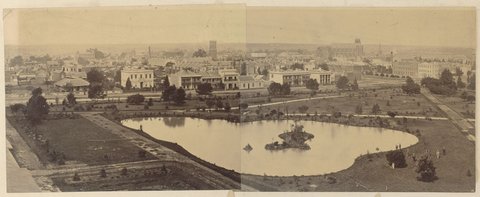 View from Exhibition Buildings towards St. Patrick's Cathedral, Melbourne, 1880