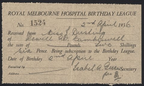 Ephemera relating to the Melbourne Hospital Birthday League, 1933–36