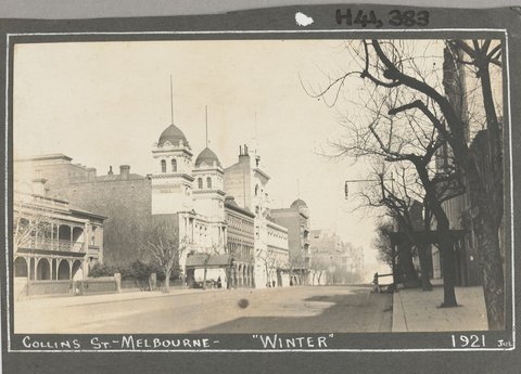 "Views of central Melbourne, including upper Collins Street, Parliament House, St. Patrick's Cathedral and Victoria Street", 1921–23