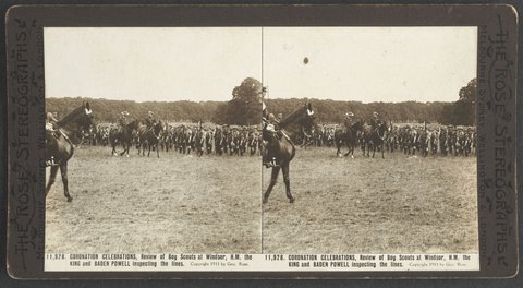 CORONATION CELEBRATIONS. Review of Boy Scouts at Windsor. H.M. the KING and BADEN POWELL inspecting the lines, c. 1911