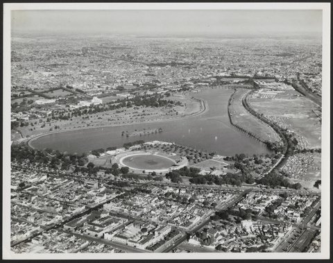 Aerial view of Albert Park Lake Melbourne Victoria, 1954?