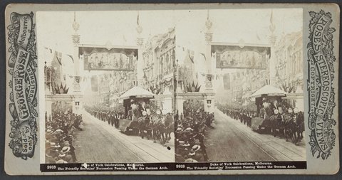 Duke of York Celebrations, Melbourne. The Friendly Societies' Procession Passing Under the German Arch, 1901