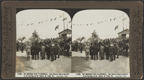 THE AMERICAN FLEET IN AUSTRALIA. Rear-Admiral Sperry escorted to his Carriage by Mr. Deakin, St. Kilda, Vic, c. 1908