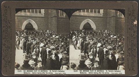 THE AMERICAN FLEET IN AUSTRALIA. St. Patrick's Cathedral, Melbourne. Sailors leaving after the service, c. 1908