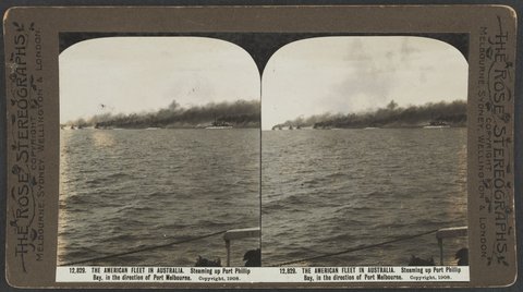 THE AMERICAN FLEET IN AUSTRALIA. Steaming up Port Phillip Bay, in the direction of Port Melbourne, c. 1908