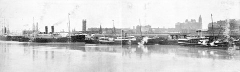 View of the Upper Swinging Basin, River Yarra, showing shipping on North side (Queen's Wharf) of the River, 1885–1946