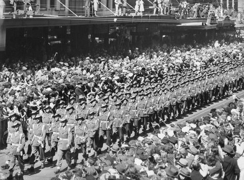 A.I.F. soldiers of the 9th Division in Swanston Street, during a march in Melbourne, 1943