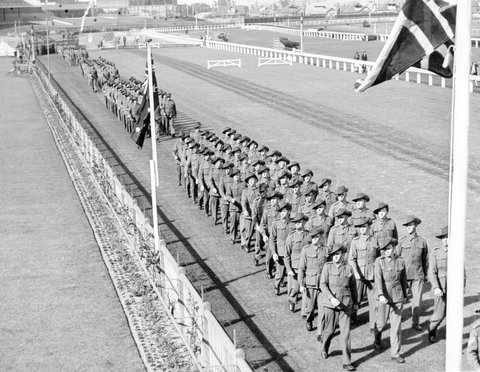 Military display at Caulfield Racecourse, c. 1940