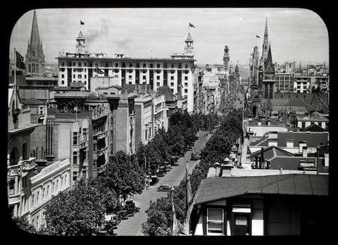 Collins Street looking west from the roof of Alcaston House, c. 1935