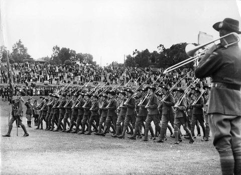 Soldiers of the 14th Battalion march at Como Park, Melbourne, 1936–38