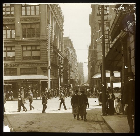 Flinders Lane, looking West from Swanston Street, 1875–1938