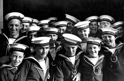 Types of Navy League Cadets waiting to compete for the Fairfax Colors at the Melb [i.e. Melbourne] Grammar School, c. 1936