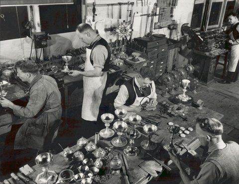 Interior of Albion Metalware, Richmond, manufacture of religious goods, 1950