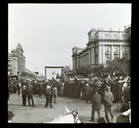 Melbourne Wharf Labourers Banner in procession outside Parliament House, 1906–14