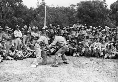 Cadet Officers & N.C.O's [i.e. non commissioned officers] in camp at Frankston P. & R. T. school, were given demonstrations of unarmed combat by instructors of the school, c. 1944