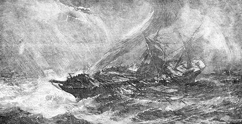 "THE ASIA" DISMASTED BY A WATERSPOUT, ON HER PASSAGE FROM PORT PHILLIP TO BOMBAY, 1946