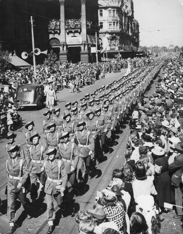 A.I.F. soldiers of the 9th Division in Swanston Street, during a march in Melbourne, 1943