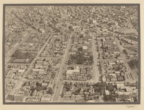 View of Carlton showing Royal Women's Hospital and Melbourne State College, 1927–28