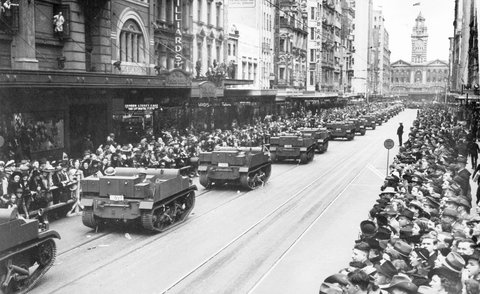 Machine gun carriers in parades on Melbourne Streets, 1940–45