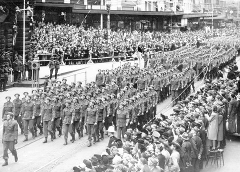 Australian servicemen marching past the saluting base outside the Melbourne Town Hall, Swanston Street, Melbourne, 1940–45